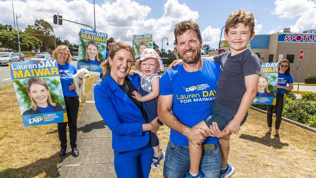 LNP candidate for Maiwar Lauren Day with her husband Matthew and children Rosie (age 1) and Joseph (age 6) campaigning at Indooroopilly, Saturday, October 3, 2020 – Picture: Richard Walker