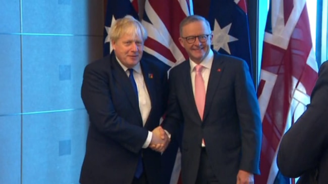 UK Prime Minister Boris Johnson and Australian Prime Minister Anthony Albanese meeting in Madrid last week. Picture: Supplied