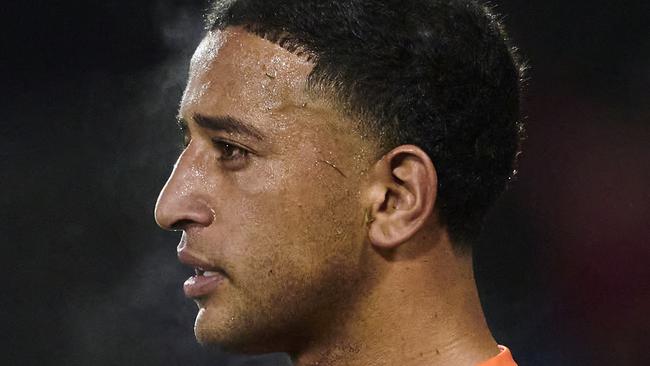 SYDNEY, AUSTRALIA - JUNE 17: Brandon Wakeham of the Tigers looks dejected after a Storm try during the round 16 NRL match between Wests Tigers and Melbourne Storm at Campbelltown Stadium on June 17, 2023 in Sydney, Australia. (Photo by Brett Hemmings/Getty Images)