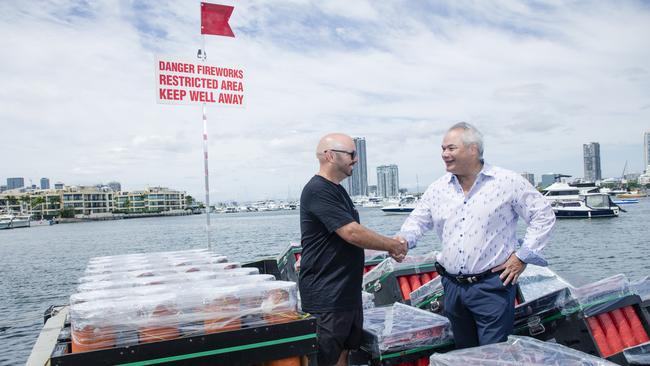 Mayor Tom Tate with Skylighter Fireworks Nick Kozij ahead of Gold Coast’s New Year’s Eve celebrations and fireworks displays. Picture: Glenn Campbell