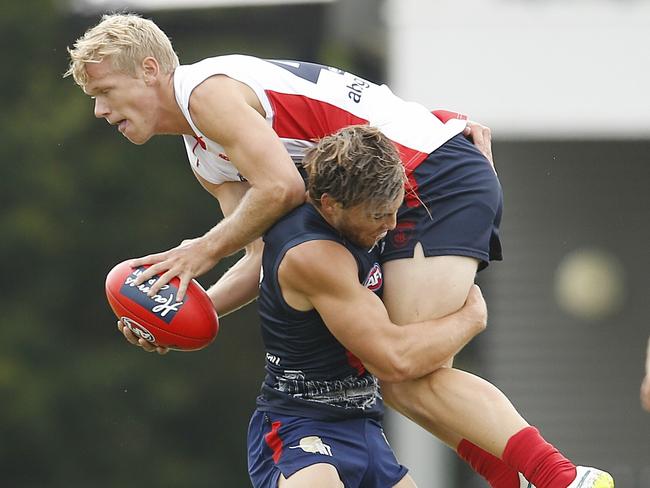 Demon Josh Wagner received a tough initiation from Jack Viney during a pre-season intra-club game. Picture: Michael Klein