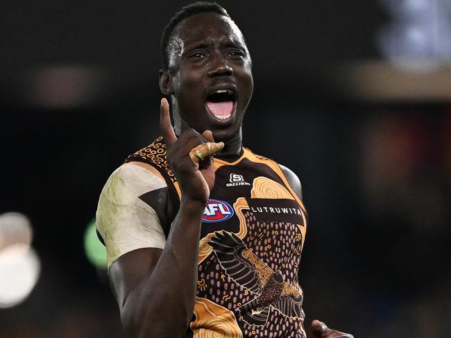 Mabior Chol celebrates kicking a late goal. Picture: Daniel Pockett/Getty Images