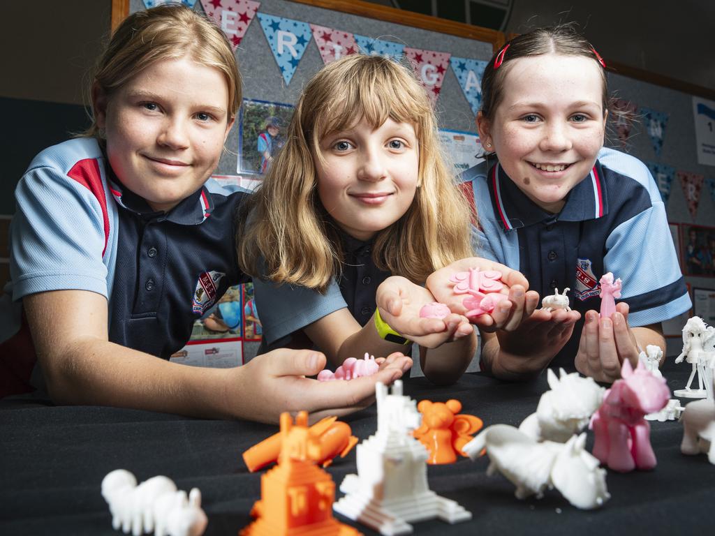 With their models to make nature play areas popular are Meringandan State School students (from left) Hannah MacRae, Elodie Quick and Amalia Lablack at STEM advanced manufacturing Makers Empire schools showcase at The Salo Centre, St Ursula's College, Monday, November 4, 2024. Picture: Kevin Farmer