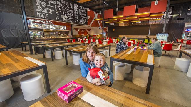 Wendy Watson and her grandson Jake knock around a near-empty food court at Craigieburn Central. Picture:Rob Leeson