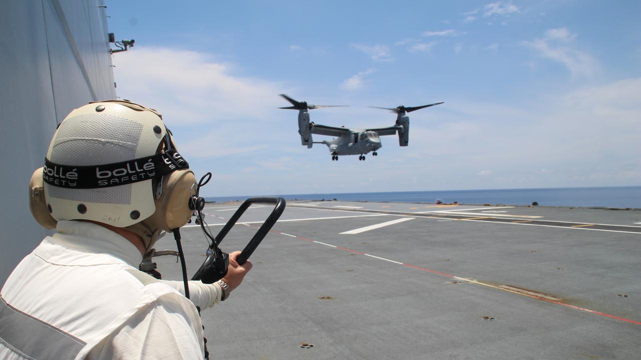 A US Marines MV-22B Osprey on the flight deck of HMAS Canberra while on exercise on the South China Sea. Pictures: Charles Miranda