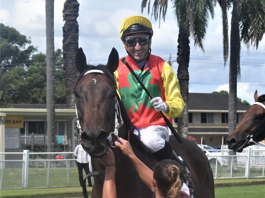 Jockey Andrew Mallyon was all smiles after riding Nothingforthepress to victory for trainer Stephen Lee in the NRRA Country Championship Qualifier 13 February Open Handicap over 1200mat Clarence River Jockey Club in Grafton on Tuesday, 2nd February, 2021. Photo Bill North / The Daily Examiner