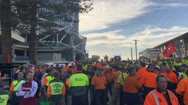 Hundreds of Jewel workers gathered in protest outside the $1.4b development site.