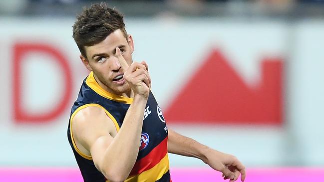 Paul Seedsman of the Crows celebrates kicking a goal against Geelong. Picture: Quinn Rooney/Getty Images