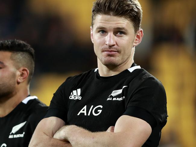 WELLINGTON, NEW ZEALAND - JULY 27: Richie Mounga and Beauden Barrett of the All Blacks look on after drawing the 2019 Rugby Championship Test Match between New Zealand and South Africa at Westpac Stadium on July 27, 2019 in Wellington, New Zealand. (Photo by Hannah Peters/Getty Images)