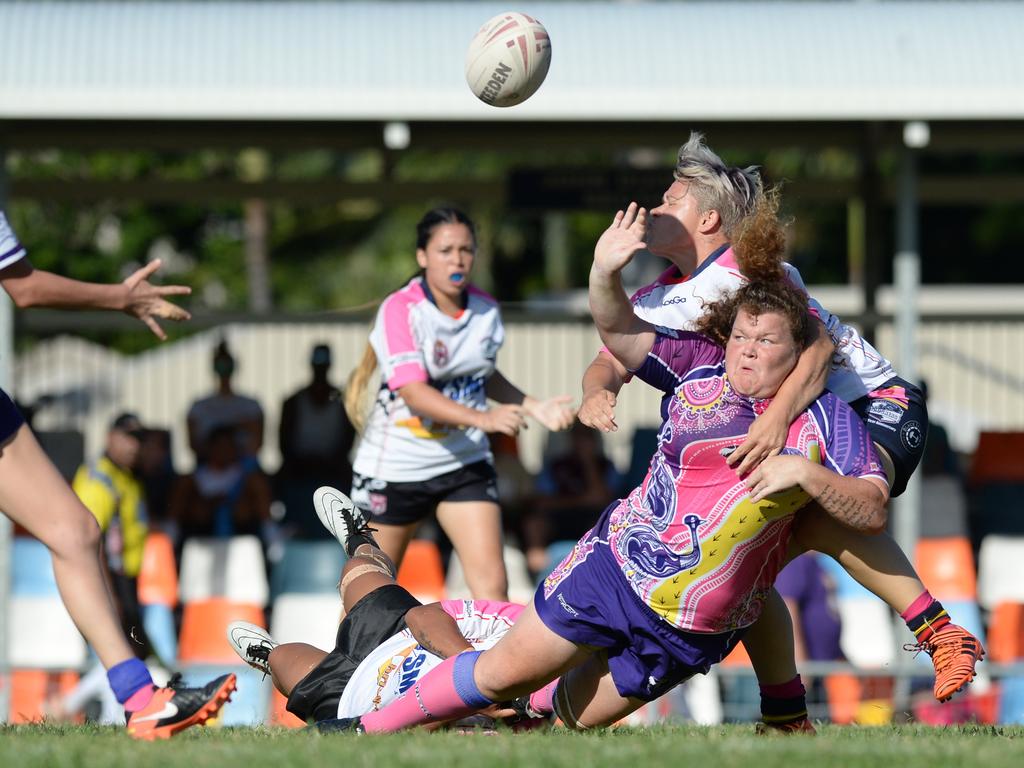 Gundalu Gadyu player Kaitlin Moss in the women’s grand final rugby league game against the Highladers at the Warba Wangarunya Rugby League Carnival at Browne Park.