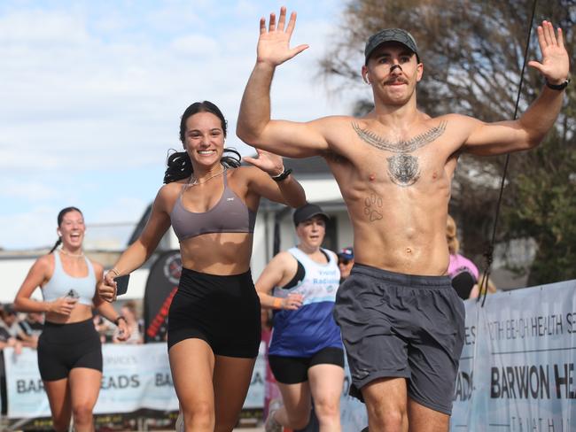 Hundreds took part in the sold out 10th Barwon Heads Triathlon on Sunday. The triathlon starts with a swim in the Barwon Estuary, takes in a bike ride along 13th Beach Road and finishes with an out and back run to Ocean Grove. Picture: Alan Barber