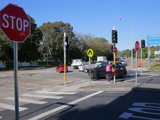 The corner of Old Pittwater and Condamine, Brookvale, where stop signs have been placed in front of the pedestrian crossing where Jo-Ann Thwaites was struck by a truck. Photo: Adam Ward