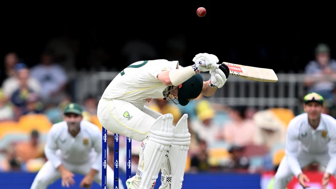 Travis Head ducks out of the way in the second innings. Picture: Bradley Kanaris/Getty