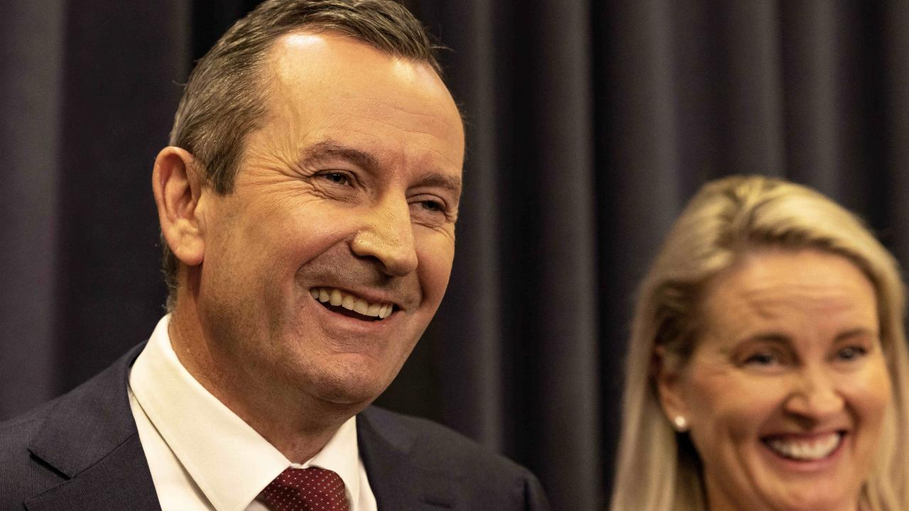 Western Australia Premier Mark McGowan on Monday announces he is quitting politics. Sarah his wife is on his right. Picture: NCA NewsWire / Colin Murty