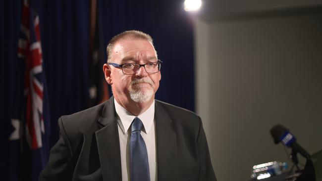 Police minister Peter Chandler announces the early retirement of NT Police Commissioner John McRoberts at Parliament House. Picture: Michael Franchi