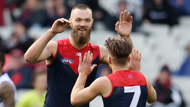 Max Gawn and Jack Viney celebrate a goal this year for Melbourne. Picture: Michael Klein