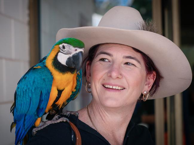 Naomi Blewit Brooke with her Macau enjoying day one of the Royal Darwin Show. Picture: Glenn Campbell