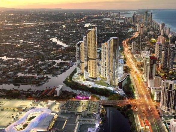 The Star Gold Coast Masterplan Development (viewed from the South) at its island site at Broadbeach where two existing towers will be joined by Tower 1 starting construction in August and a proposed further four towers