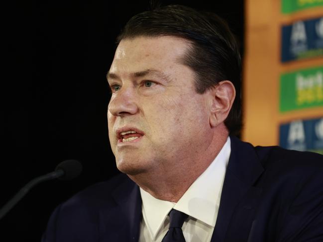 DAILY TELEGRAPH. JANUARY 31, 2023.Pictured at Matraville Sports High School today is Chairman of Australian Rugby Union Hamish McLennan, during a press conference to announce new Wallabies head coach Eddie Jones. Picture: Tim Hunter.