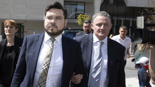 Bruce Lehrmann and his defence lawyer Steve Whybrow leave the court. Picture: NCA NewsWire / Gary Ramage