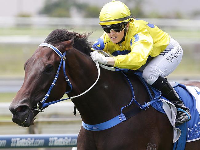 Rikki Jamieson winns race 2 on Hi Son. Racing action at Doomben in Brisbane. Pic Peter Wallis