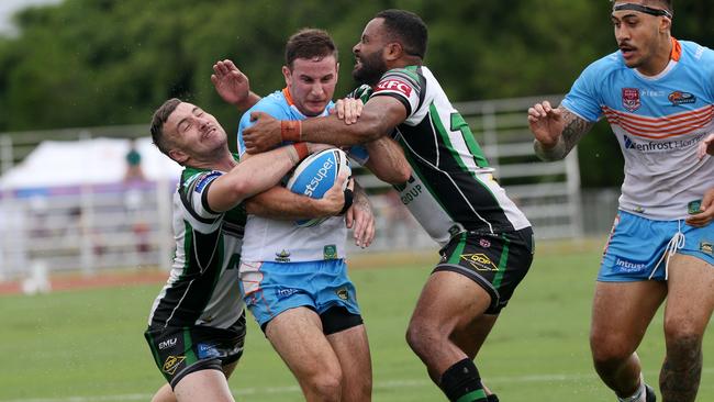 Northern Pride v Townsville Blackhawks trial game at Barlow Park. Blackhawks' Joe Boyce and Temone Power tackle Pride's Jack Campagnolo. PICTURE: STEWART McLEAN