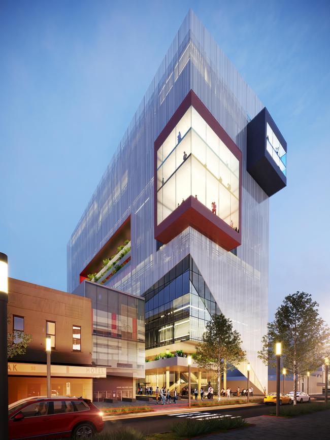 The proposed new building for creative industries, psychology, social work and law at UniSA's City West campus, fronting Hindley St. Image: UniSA