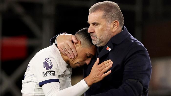 LONDON, ENGLAND - OCTOBER 27: Pedro Porro and Ange Postecoglou, Manager of Tottenham Hotspur, embrace during the Premier League match between Crystal Palace and Tottenham Hotspur at Selhurst Park on October 27, 2023 in London, England. (Photo by Ryan Pierse/Getty Images)