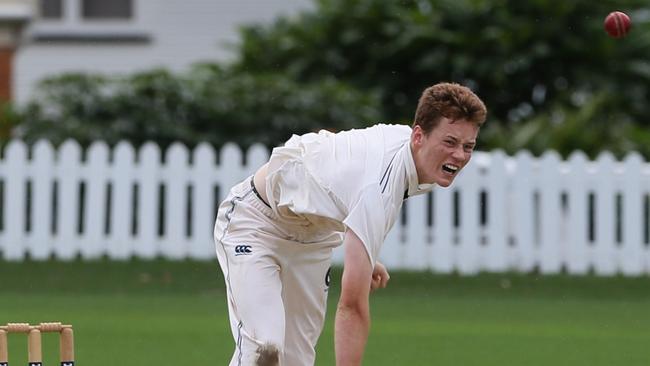 Brisbane State High School’s Sam Geyer bowling earlier in the season. (AAP Image – Richard Waugh)