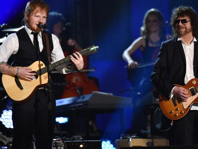 Old hit, new sensation ... Ed Sheeran, left, and Jeff Lynne perform. Picture: John Shearer/Invision/AP