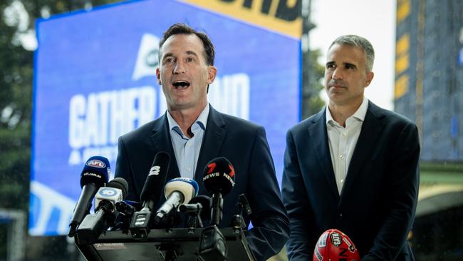 AFL CEO Andrew Dillon speaks to media during a 2024 AFL Gather Round in Adelaide. Photo by Mark Brake/AFL Photos/via Getty Images.