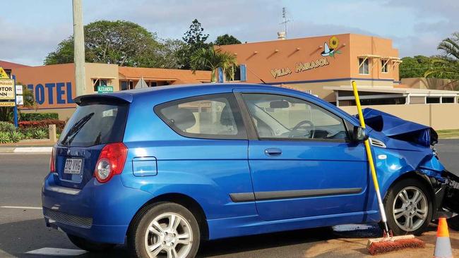 CRASH: A blue Barina has significant damage to it's front after it collided with a truck this morning. Picture: Toni Benson-Rogan