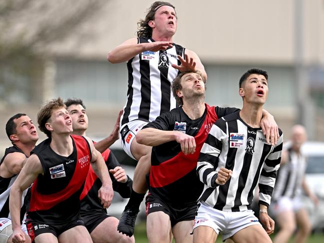 Wallan’s Patrick Mahoney flies over the pack. Picture: Andy Brownbill