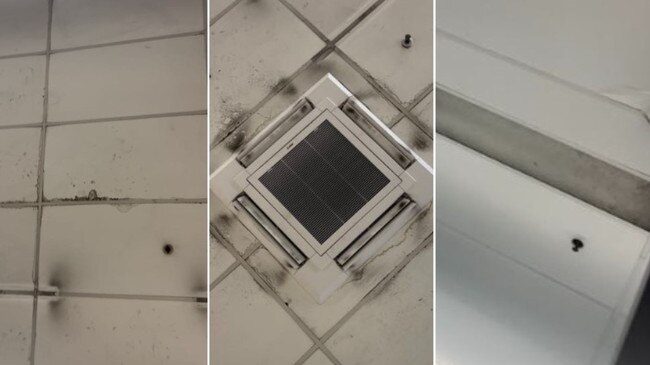 Multiple images show blackened patches on the ceiling of the shopping centre.