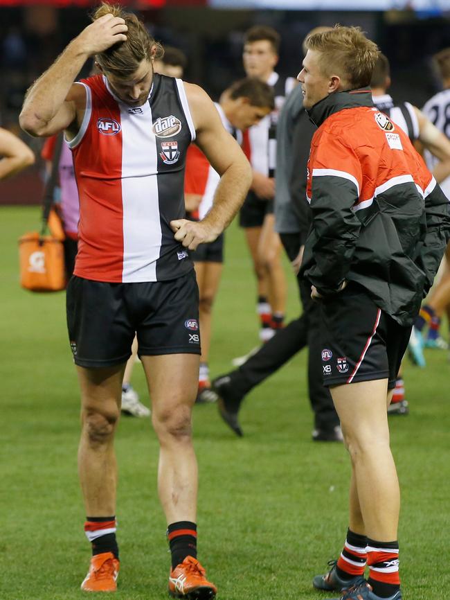 Dejected St Kilda players after the loss to Adelaide. Pic: Getty Images