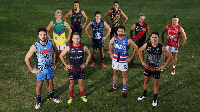 The 2021 SANFL Indigenous guernseys at Adelaide Oval, ahead of the Indigenous Round – pictured is (front) Abaina Davis (Sturt), Matthew Nunn (Norwood), Nick Gillard (Central District), Joel Garner (Port Adelaide) and (back) Connor McLeod (Woodville West Torrens), Ben Davis (Adelaide), Hayden Sampson (South Adelaide), Nasiah Wanganeen-Milera (Glenelg), Kenny Karpany (West Adelaide) and Robbie Young (North Adelaide). Picture: David Mariuz.