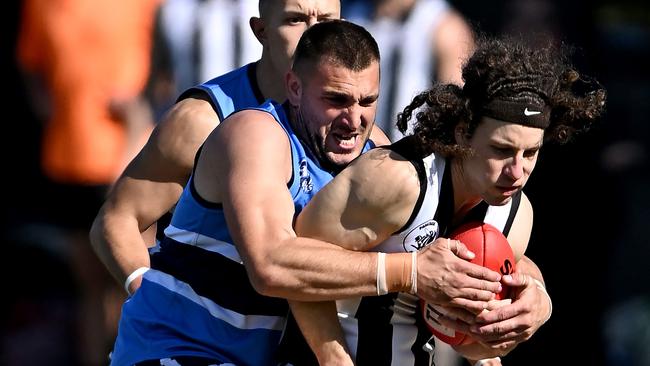 Point Cook Centrals’ Mark Hanson tackles Parkside’s Samuel Dukic during WRFL Division 2 Grand Final. Picture: Andy Brownbill