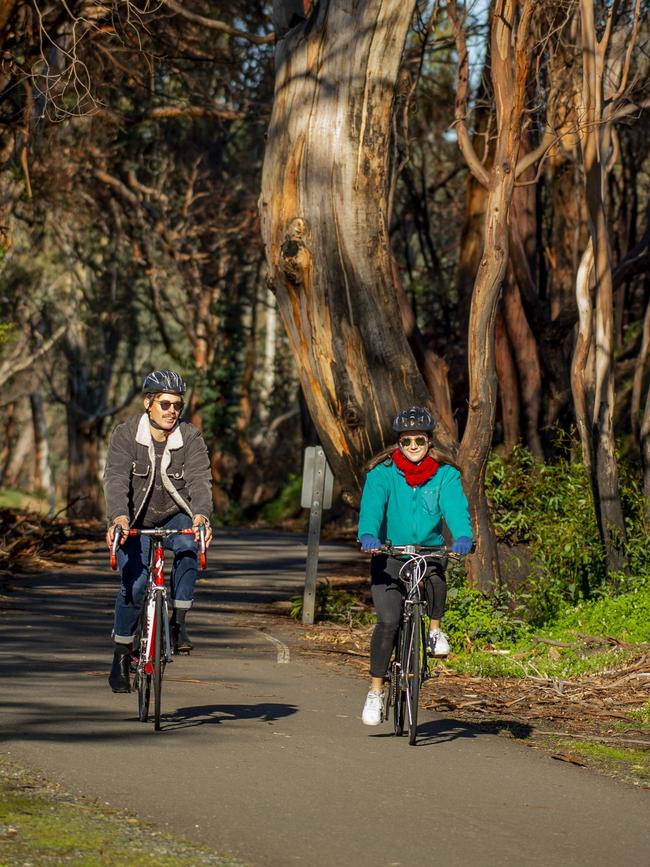 Charlotte Blake, of Stirling, and Josh Partington, of Goodwood, enjoy a ride along Amy Gillett Bikepath near Woodside. Picture: Darren Clements