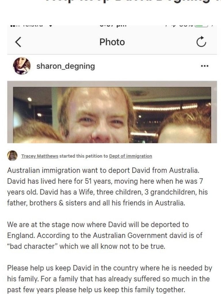 More than 2000 people have signed a petition to stop Mr Degning being deported. Picture: Change.org