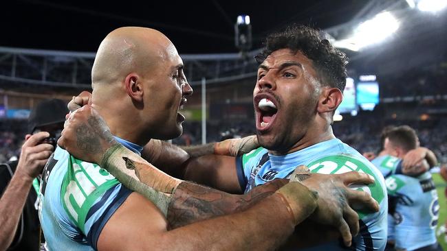 NSW's Blake Ferguson and Josh Addo-Carr celebrate winning try during Game 3 of the State of Origin series between NSW Blues and Queensland at ANZ Stadium, July 10, 2019. Picture. Phil Hillyard