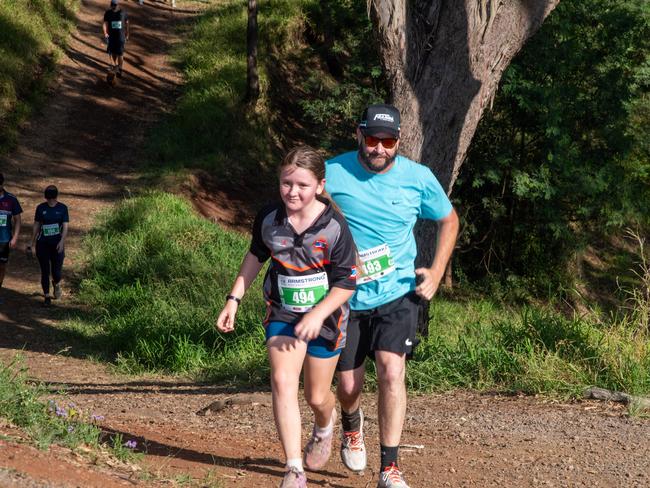 With a sprint to the end of the 5km hike, Mia and her father Bill Daniell.Hike for Homeless held at Jubilee Park. October 19th, 2024