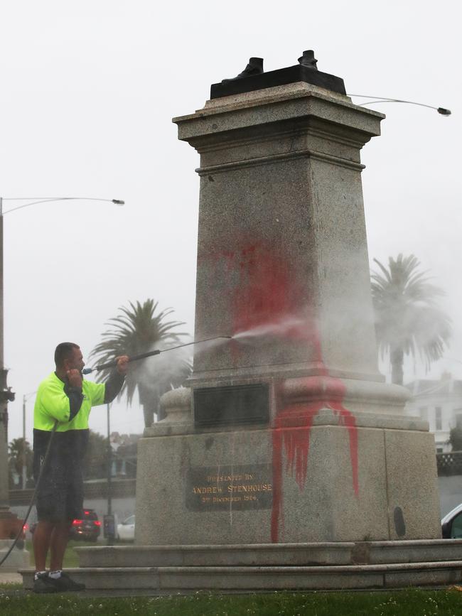 The plinth of Captain Cook’s statue in St Kilda.