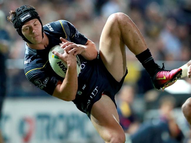 Kalyn Ponga takes a high ball on debut. Picture: Darren England.