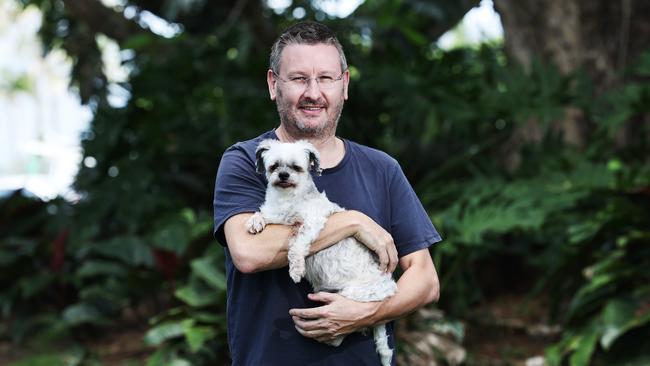 Sean Dunwoodie had his Hyundai i30 stolen from an inner city medical centre on Tuesday, with his beloved dog Munt inside. After a serious social media campaign and a night of door knocking, Sean and Munt were reunited on Wednesday morning. Picture: Brendan Radke