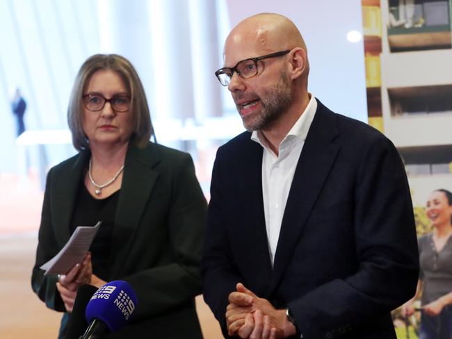 Premier Jacinta Allan and Jeroen Weimar outside the Victorian Housing Forum conference in Melbourne on August 5, 2024. Picture: David Crosling