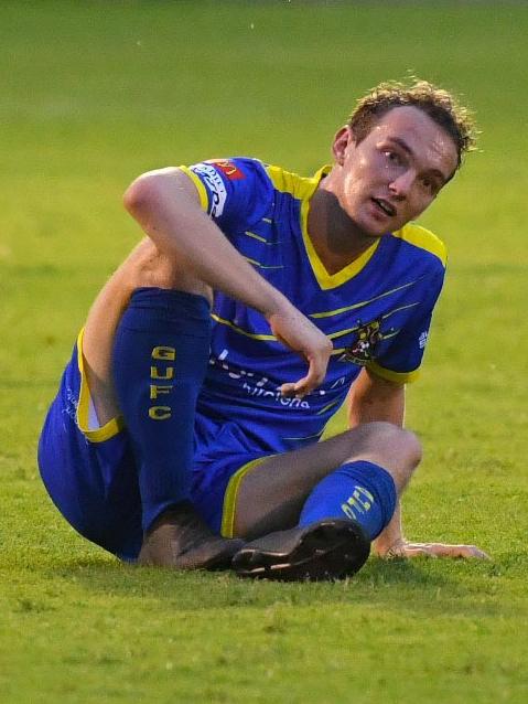 Gympie United Gladiators vs Tallebudgera Valley Tigers - Taren Mieran goes down. Picture: Shane Zahner
