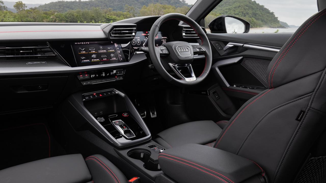 Cabin features of the 2025 model Audi S3 Sportback include sports seats with leather trim, 10.1-inch touchscreen, wired and wireless smartphone mirroring apps, 15-speaker sound system and satnav.