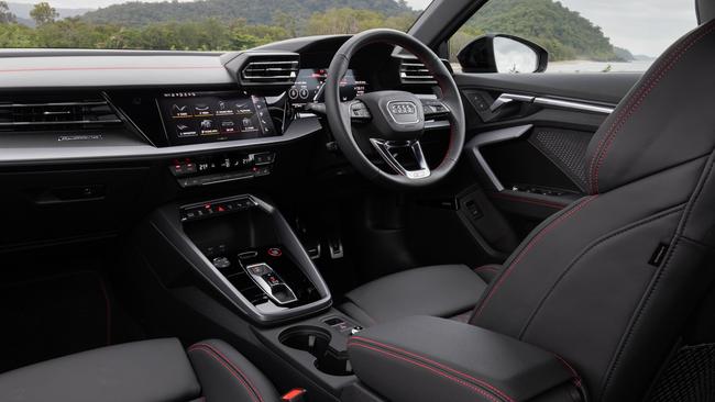 Cabin features of the 2025 model Audi S3 Sportback include sports seats with leather trim, 10.1-inch touchscreen, wired and wireless smartphone mirroring apps, 15-speaker sound system and satnav.