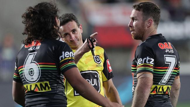 Gerard Sutton sends Penrith’s Jarome Luai to the sin bin. Picture: AAP