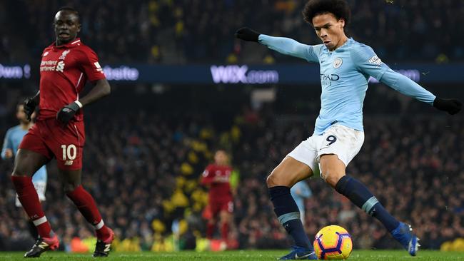 Leroy Sane of Manchester City scores his team's second goal during the Premier League match against Liverpool at the Etihad Stadium. Picture: Getty Images